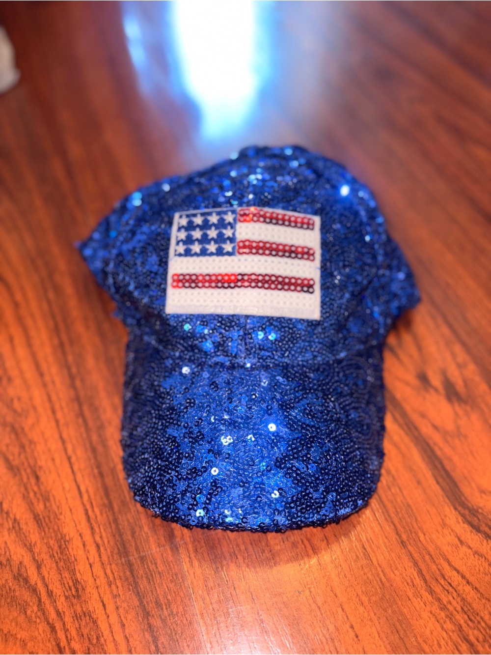 Blue Sequin Cap with American Flag Patch